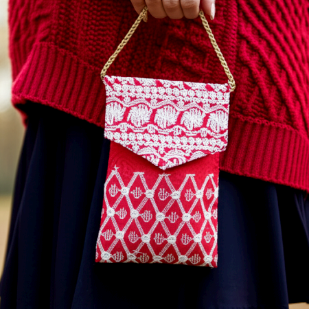 Red Cotton Phone Clutch Bag with Mirror Work and Gold Chain